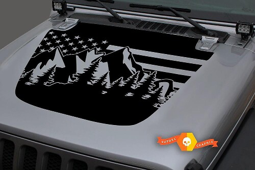 Hood Vinyl Forest Mountains USA Flag Blackout Decal Sticker for 18-19 Jeep Wrangler JL #2
