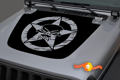 Hood Vinyl Skull Military Star Distressed Blackout Decal Sticker for 18-19 Jeep Wrangler JL#1
