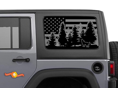 Jeep Wrangler Rubicon Hardtop USA Flag Wolf Forest Windshield Sticker Decal JKU JLU 2007-2019 or Tacoma 4Runner Tundra Suba Charger Challenger - 6
