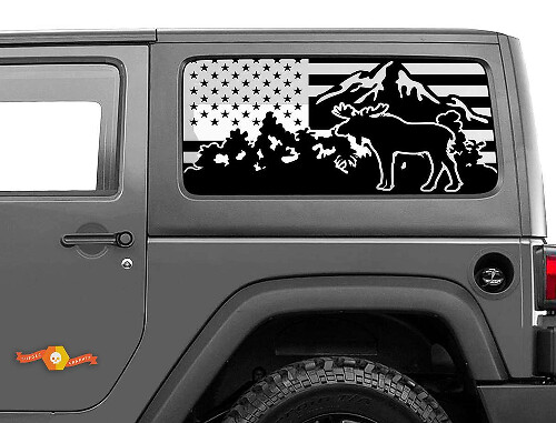 USA Flag Moose Mountain Decal for Jeep Wrangler Hardtop Rear Window

