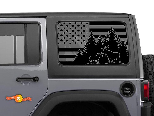USA Flag Moose Mountains Windshield Sticker Decal For Jeep Wrangler Rubicon Hardtop JKU JLU 2007-2019 or Tacoma 4Runner Tundra Charger Challenger