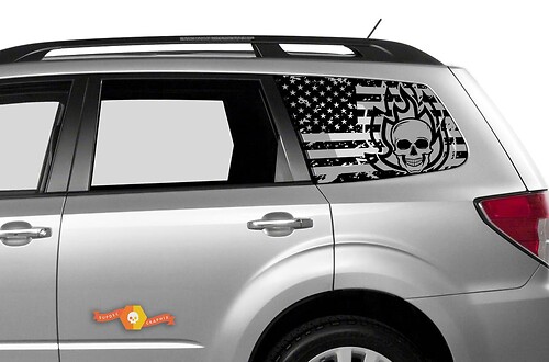Suba Ascent Forester Side Window American Flag Skull Destroyed Flame Decal
