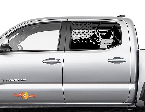 American Flag Forest Moose Destroyed Side Window Decal for Toyota Tacoma 4Runner Tundra
