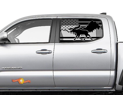 Toyota Tacoma 4Runner Tundra Hardtop USA Flag Destroyed Moose Forest Windshield Sticker Decal JKU JLU 2007-2019 or Dodge Challenger Charger Suba Ascent Forester Wrangler Rubicon - 123
