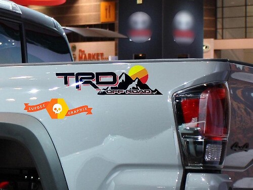 TRD Off Road Mountains Sunset Vintage Bedside Vinyl Stickers Decal 2 For Toyota Tacoma Tundra FJ Cruiser