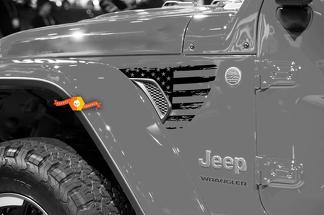 Pair of Jeep Gladiator Side JT Wrangler JL JLU Gravity Destroyed Flag USA Style Fender Vent Blackout Vinyl decal sticker Graphics kit for 2018-2021
