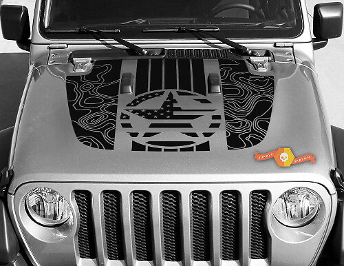 USA Flag Star Topographic Map Bonnet Vinyl Decal Sticker Kit for Jeep Gladiator Wrangler