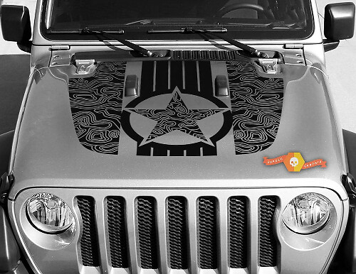 Jeep Gladiator JT Wrangler Military Star Topographic Map JL JLU Hood style Vinyl decal sticker Graphics kit for 2018-2021
