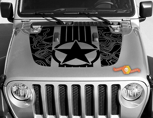 Military Star Topographic Map Hood Vinyl Decal for Jeep Wrangler & Gladiator
