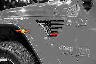 Jeep Wrangler JL JLU Gladiator Thin Red Line Distressed American Flag Fender Vent Vinyl Decal for 2018-2021

