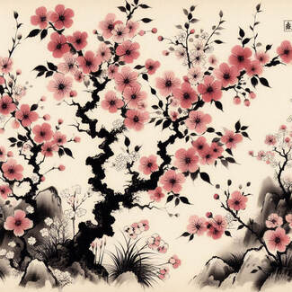 Traditional Japanese sumie painting of sakura Print decal sticker
