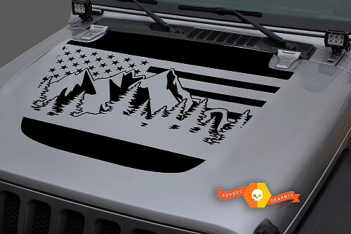 Jeep 2018-2021 Gladiator JT Wrangler JL JLU Hood Usa Flag Mountains Forest Unique Vinyl decal Sticker Graphics
