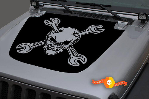 Skull and Crossed Wrenches Hood Vinyl Decal for Jeep Wrangler JL JLU and Gladiator JT