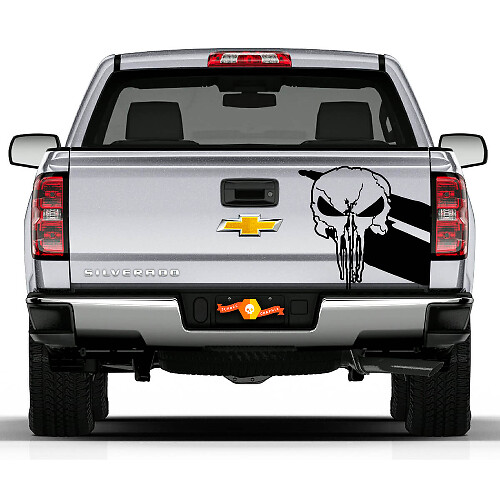 Punisher Skull Twin Stripes Tailgate Vinyl Sticker Decal for Chevy Dodge Toyota Jeep Trucks